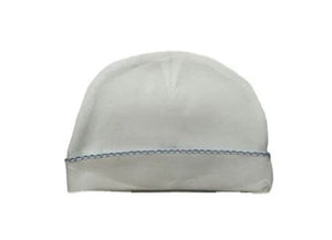 White Baby Hat with Light Blue Picot Trim.