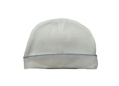 White Baby Hat with Light Blue Picot Trim.