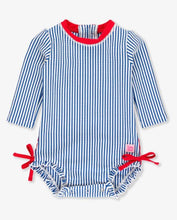 Load image into Gallery viewer, Baby Girls Blue Seersucker L/S One Piece Rash Guard
