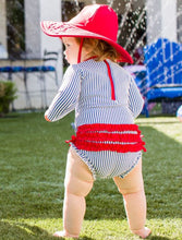 Load image into Gallery viewer, Baby Girls Blue Seersucker L/S One Piece Rash Guard
