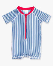 Load image into Gallery viewer, Baby Boys Blue Seersucker S/S One Piece Rash Guard
