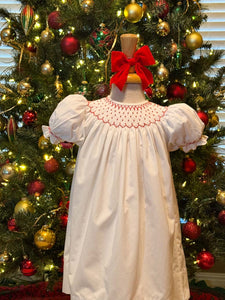 White Smocked Bishop Dress with Red Pearls