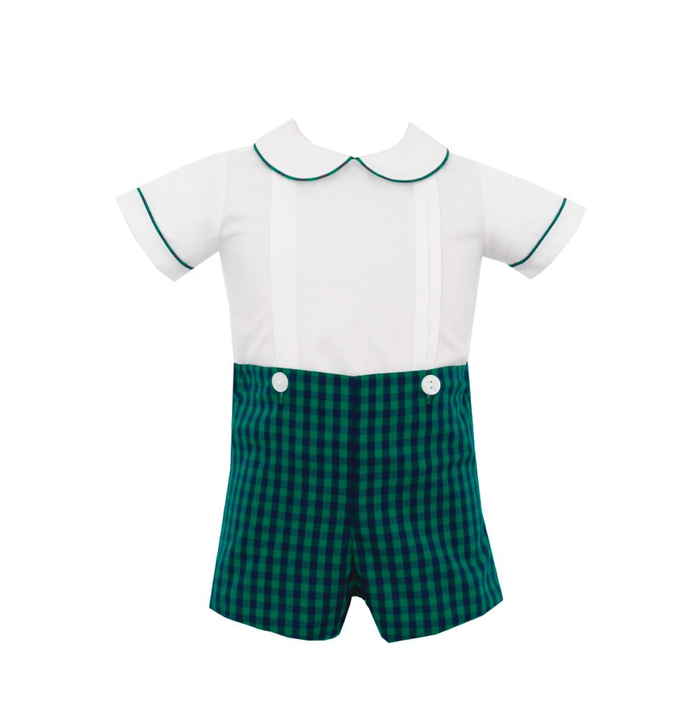 Boy's Holiday Set: L\/S Ivory Shirt, with Green & Navy Gingham