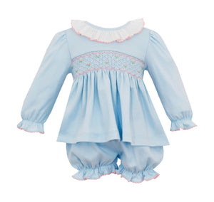 Knit Bloomer set in Light Blue w/ Pink Smocked and White, Ruffle Collar