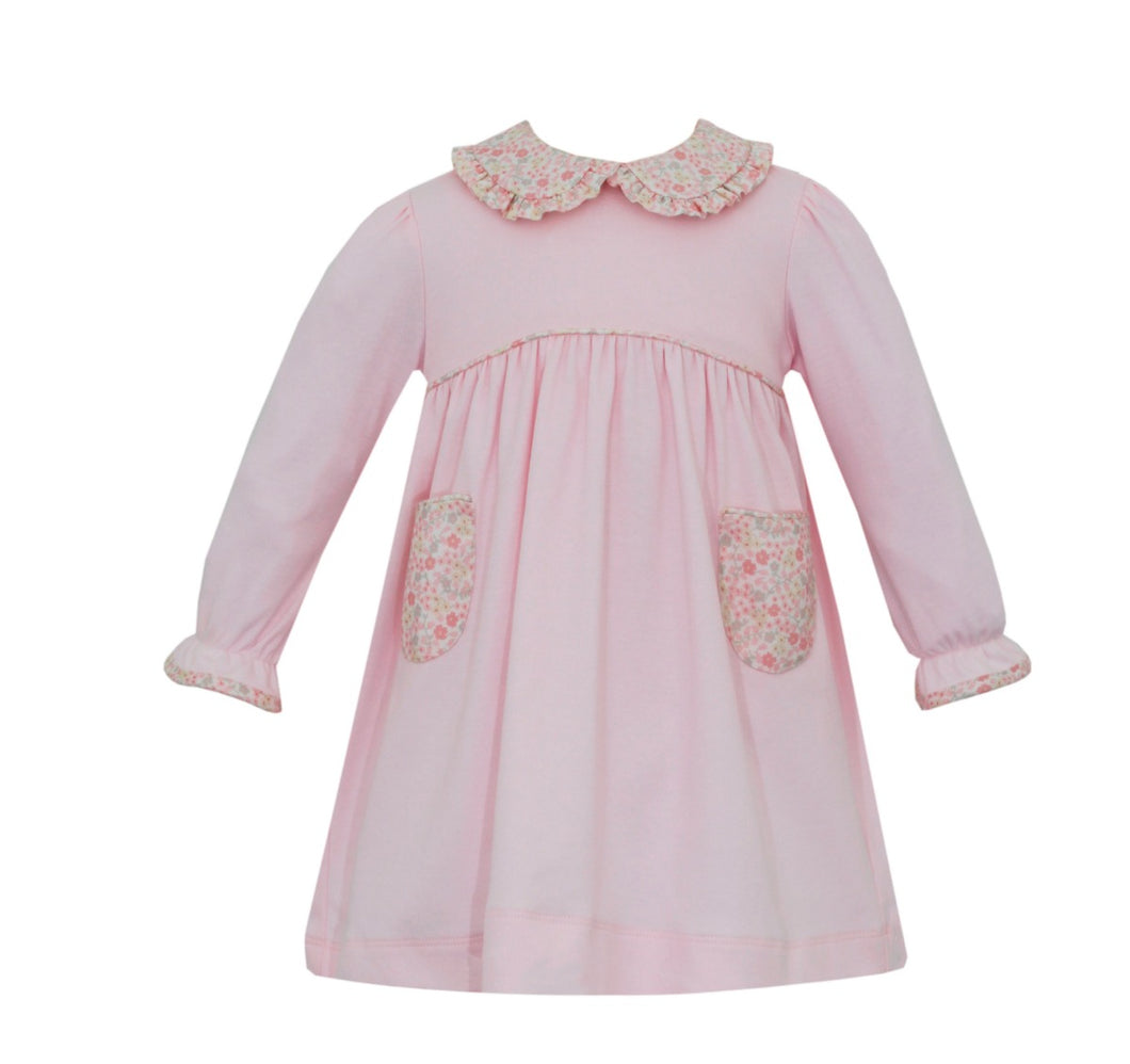 Girls Pink Knit w/ Pink Liberty Floral Trim Dress - Petit  Bebe