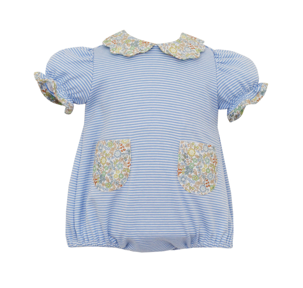 Infant Girls Periwinkle Stripe Bubble w/ floral collar