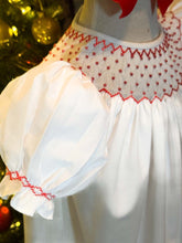 Load image into Gallery viewer, White Smocked Bishop Dress with Red Pearls
