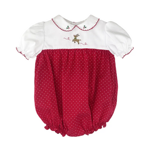Red Polka-dot & White Embroidered Reindeer  Girl Bubble