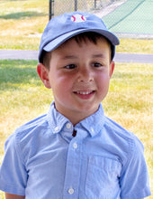 Load image into Gallery viewer, Denim Blue Seersucker Embroidered Baseball Hat
