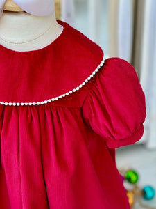 Red Corduroy Float Dress w/Pearls