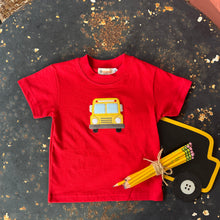 Load image into Gallery viewer, Back-to-School Red T-Shirt with School Bus applique
