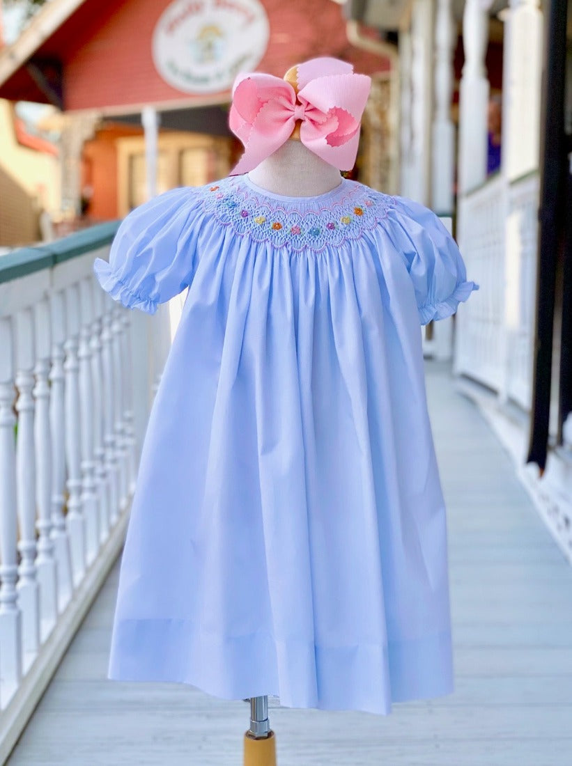 Blue Dress w/Flower Smocking