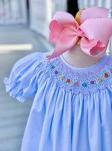 Load image into Gallery viewer, Blue Dress w/Flower Smocking

