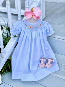 Blue Dress w/Flower Smocking