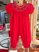 Load image into Gallery viewer, .Red Corduroy Long Bubble with Green &amp; White Smocking
