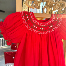 Load image into Gallery viewer, .Red Corduroy Long Bubble with Green &amp; White Smocking
