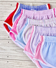 Load image into Gallery viewer, Girl&#39;s Athletic Shorts - Pastel Rainbow with Blue Sides
