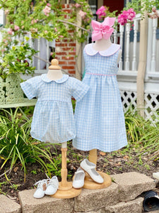 Blue & White Gingham Dress w/ Pink Trim