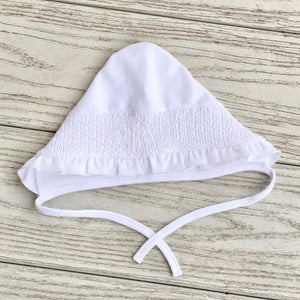 Smocked Cross, Ruffled Knit Bonnet - WHITE