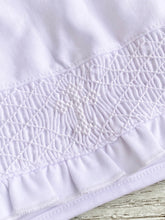 Load image into Gallery viewer, Smocked Cross, Ruffled Knit Bonnet - WHITE
