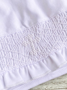 Smocked Cross, Ruffled Knit Bonnet - WHITE