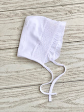 Load image into Gallery viewer, Smocked Cross, Ruffled Knit Bonnet - WHITE
