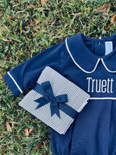 Load image into Gallery viewer, Infant Boy&#39;s L/S Knit Navy Bubble with White Trim.
