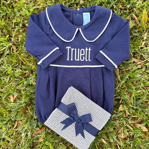 Infant Boy's L/S Knit Navy Bubble with White Trim.