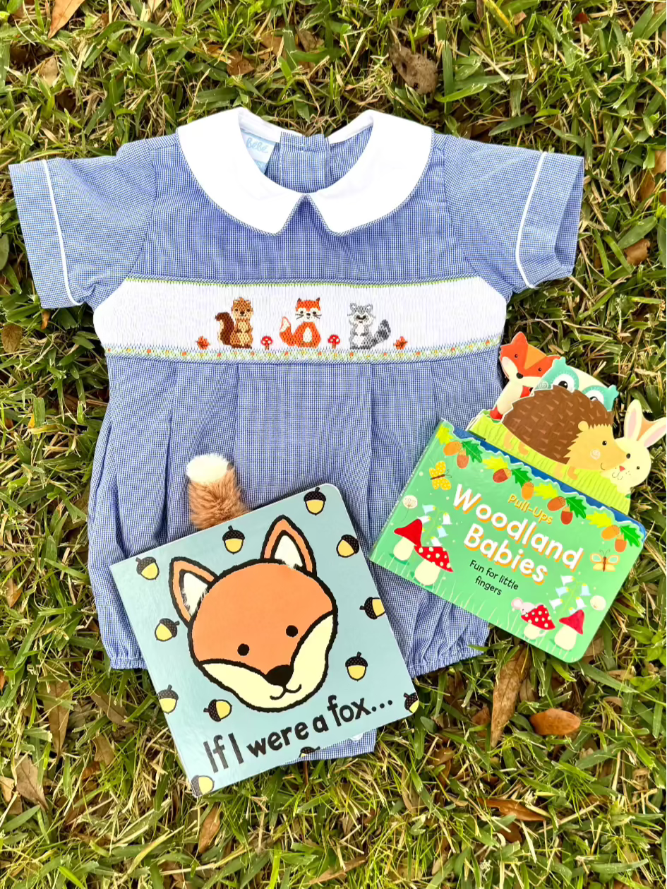Navy Blue Micro-Check Bubble Smocked with Woodland Friends