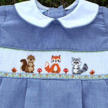 Load image into Gallery viewer, Navy Blue Micro-Check Bubble Smocked with Woodland Friends
