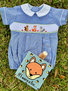Navy Blue Micro-Check Bubble Smocked with Woodland Friends