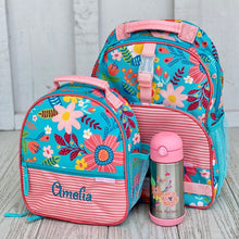 Load image into Gallery viewer, Set of 4 Pieces in Turquoise Floral - Backpack, Lunchbox, Pencil Bag and Napmat

