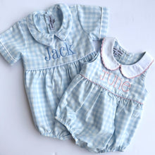 Load image into Gallery viewer, Blue &amp; White Gingham Bubble w/ Pink Trim
