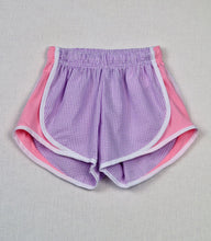 Load image into Gallery viewer, Girl&#39;s Athletic Shorts - Lavender &amp; White Seersucker w/Pink Sides - Sale
