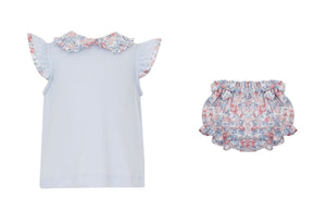 Light Blue Knit Bloomer Set with Liberty Floral Ruffle Collar - Size 24 months only