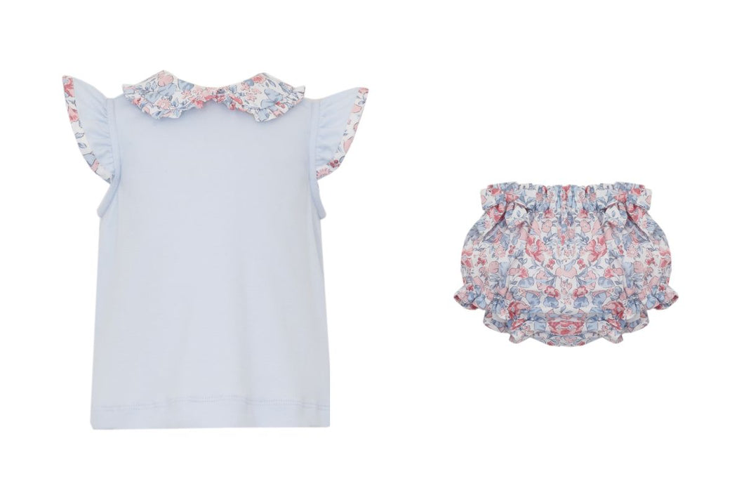 Light Blue Knit Bloomer Set with Liberty Floral Ruffle Collar - Size 24 months only