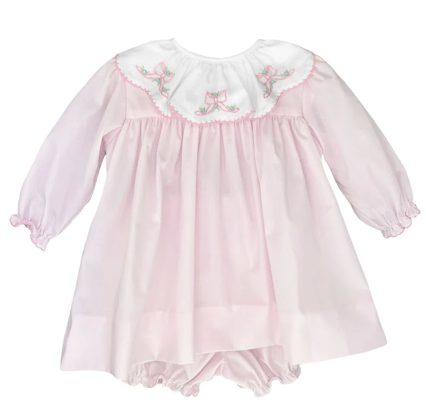 Pink Dress-Scalloped Ruffle, Embroidered Collar