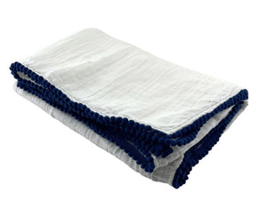 Cotton Muslim Swaddle Blanket w/ Pom-Pom Trim
