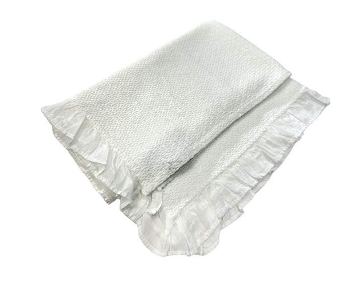 Stonewash Cotton Blanket with Swiss Trim - White