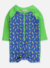 Load image into Gallery viewer, Baby Boys Surfs Up Surfboard S/S One Piece Rash Guard
