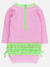 Load image into Gallery viewer, Baby Girls Neon Pink Seersucker L/S One Piece Rash Guard
