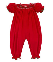 Load image into Gallery viewer, .Red Corduroy Long Bubble with Green &amp; White Smocking
