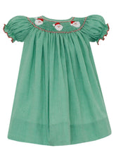 Load image into Gallery viewer, Green Gingham Smocked Santa Bishop Dress
