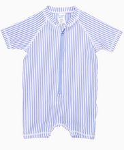 Load image into Gallery viewer, Baby Boys Periwinkle Blue Seersucker S/S One Piece Rash Guard
