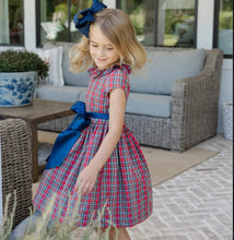 Load image into Gallery viewer, Tartan Plaid Dress with Navy Satin Sash
