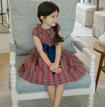 Load image into Gallery viewer, Tartan Plaid Dress with Navy Satin Sash
