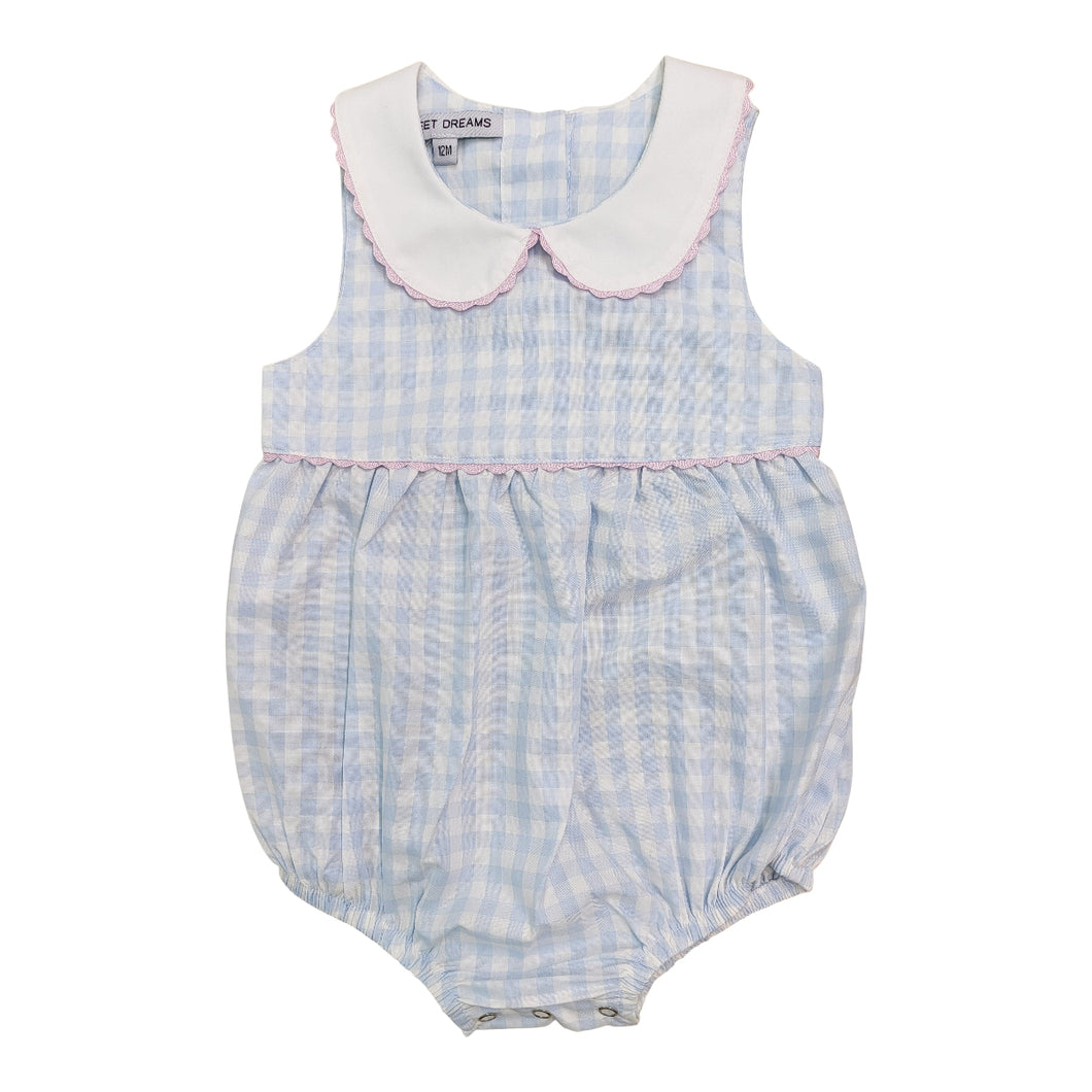 Blue & White Gingham Bubble w/ Pink Trim