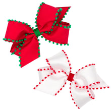 Load image into Gallery viewer, Holiday Pom-Pom Edge Grosgrain Overlay Bow
