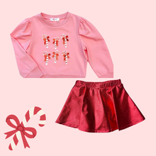 Load image into Gallery viewer, Candy Cane Sequin Shirt &amp; Metallic Red Skirt Set - Last one a 3T
