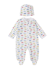 Load image into Gallery viewer, Car Central Zippered Footie &amp; Hat Set  - Size 0-3 months.
